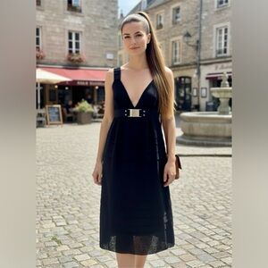 Sportmax deep V buckled empire waist dress w/belt, black, tiered, 10